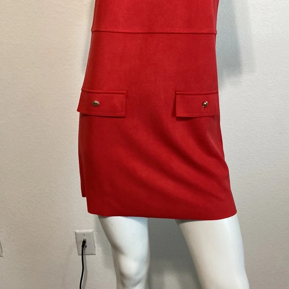 Zara NEW Red Shift Dress With Gold Buttons Short Sleeve Soft Faux Suede Size XS - Picture 6 of 9